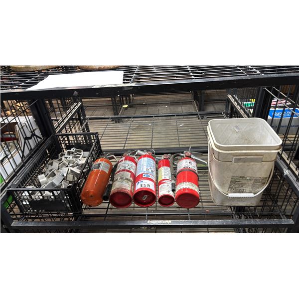 BOX OF BEAM CLAMPS, (5) ASSORTED CHEMICAL EXTINGUISHERS & BUCKET OF NAILS