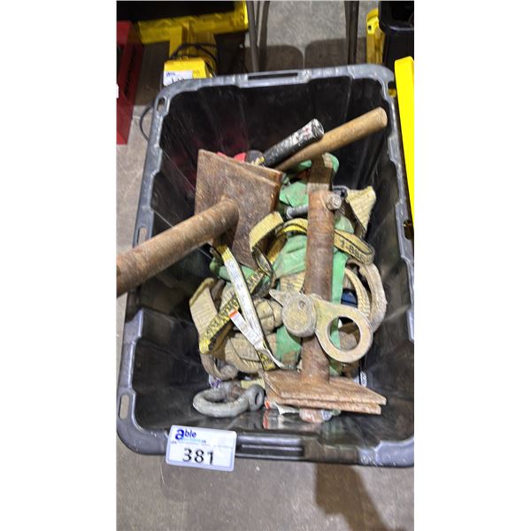TOTE OF ASSORTED RATCHET STRAPS, LARGE SHACKLE, HAMMERS & MORE