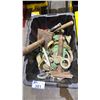 Image 1 : TOTE OF ASSORTED RATCHET STRAPS, LARGE SHACKLE, HAMMERS & MORE