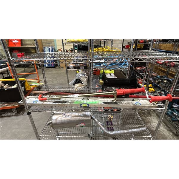 SHELF OF BUBBLE LEVELS, TOILET AUGER, HOSE REEL & MORE
