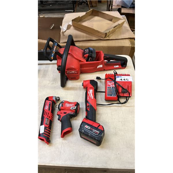 ASSORTED CORDLESS MILWAUKEE TOOLS: CHAINSAW, OSCILLATING MULTITOOLS, IMPACT WRENCH & CHARGER