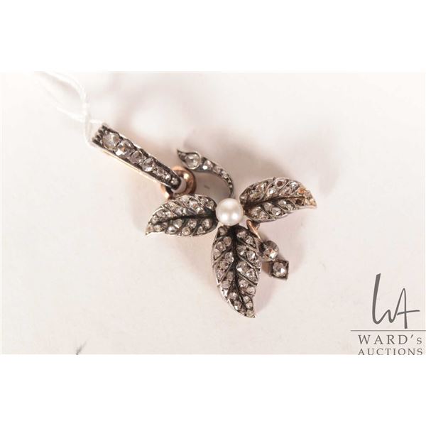 Antique pearl and diamond leaf and pearl pendant. Hand made in silver and 18kt yellow gold, pearl an