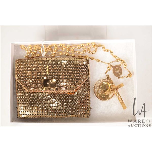 Antique 14kt yellow gold rosary with crucifix and Virgin Mary medallion surrounded by tiny seed pear