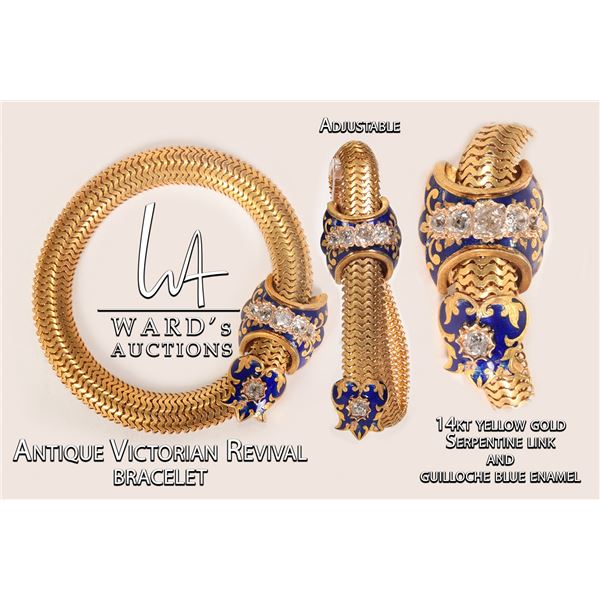 Antique Victorian Revival 14kt yellow gold, diamond, serpentine link and guilloche blue enamel adjus