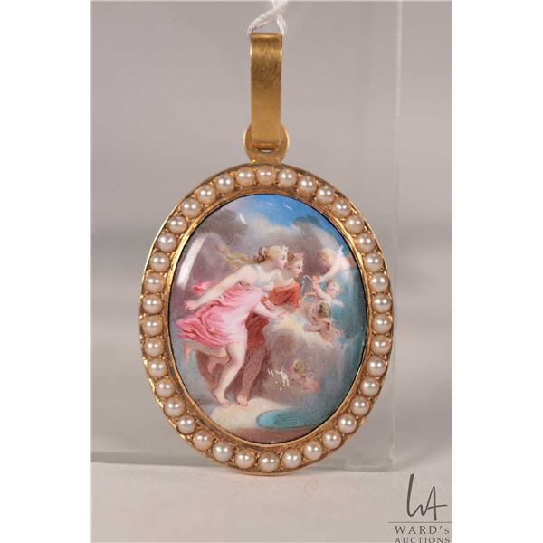 Antique 18kt yellow gold hand painted mural set with thirty-eight half-round natural seed pearls. Re