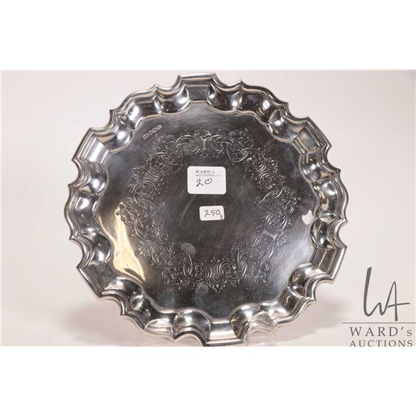 Sheffield 1904 sterling silver tray with sculpted edge and engraved interior. 7-1/4" in diameter