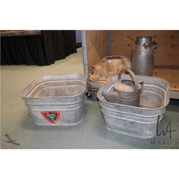 Four pieces of galvanized metal including Palm Edmonton 16" milk can, 10 quart watering can and two 