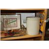 Image 2 : Shelf lot of vintage and antique collectibles including sadiron, one gallon stoneware crock, oil lam