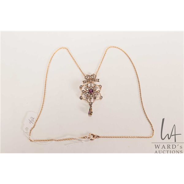 Antique English pearl and amethyst Victorian lavaliere marked 9ct on attached 20" unmarked neck chai