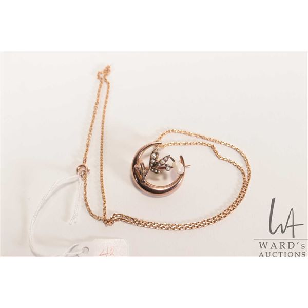 Antique English rose gold, seed and fresh water pearl brooch/ pendant on 20" gold chain, both marked