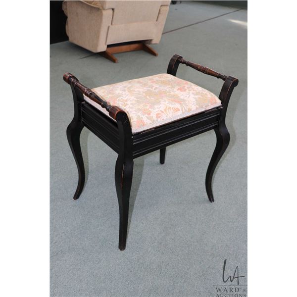 Vintage ebonized style flip lid piano stool with tapestry upholstered lid and flip up seat adjuster,