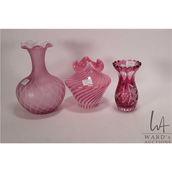 Three pieces of vintage collectible glass including Victorian style quilted cased satin glass 8" vas