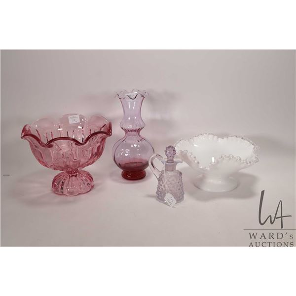 Selection of vintage collectible glass including milk glass comport with applied clear ruffled edge,