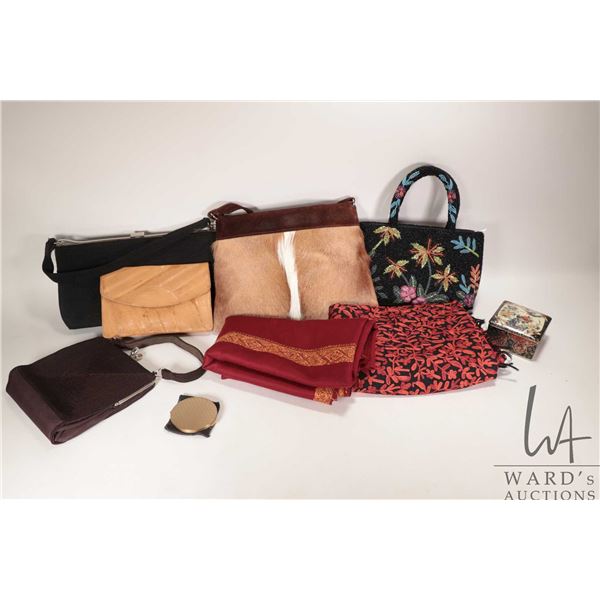 Tray lot of vintage hand bags including Springbok hide and leather purse, purportedly made in South 