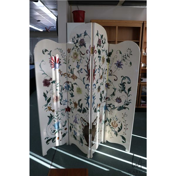 Four panel, hand painted room divider with crackle finish and decorative Jacobean flowers on front s