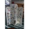 Image 1 : Four panel, hand painted room divider with crackle finish and decorative Jacobean flowers on front s