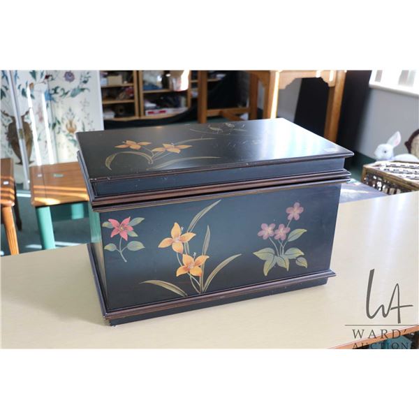 Vintage black lacquer style lidded chest with Chinoserie florals, 12 1/2" H X 20" L X 12" D