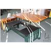 Image 2 : Green painted coffee table with slat style top and mechanism for raising to dining table height, 16"