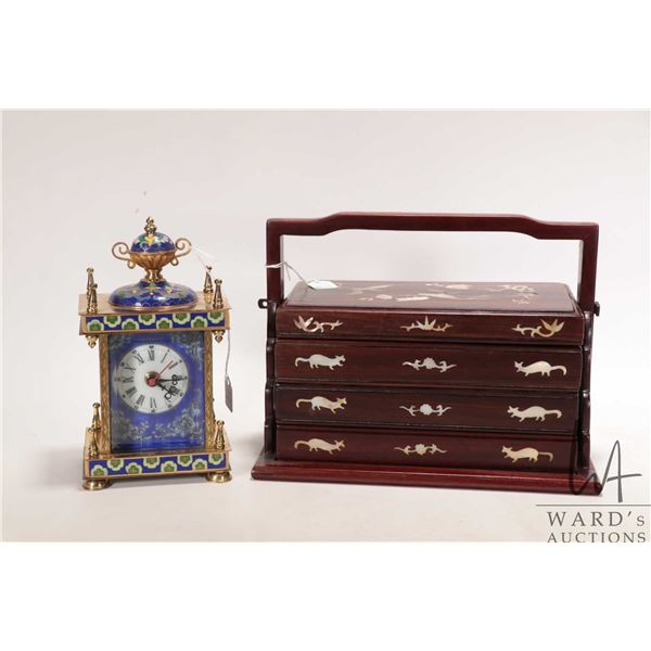 Vintage four layer rose wood storage box with mother of pearl inlay and a Cloisonne enamel and portr