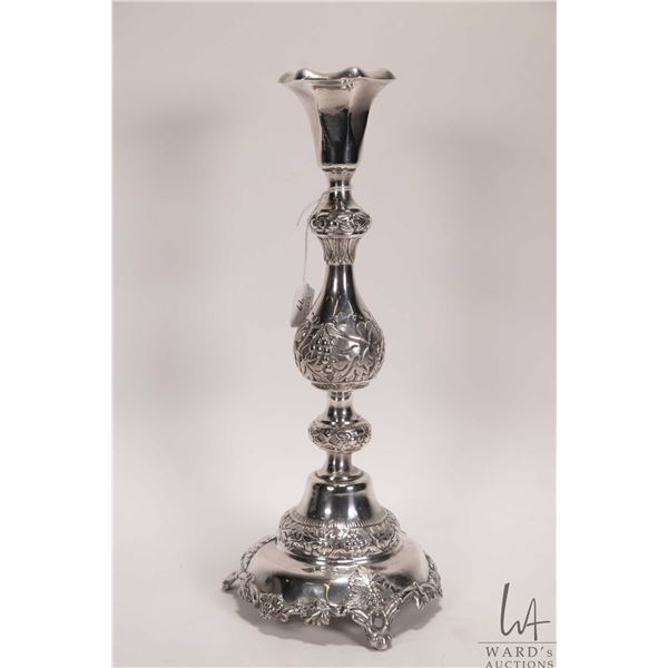 Antique Russian .840 silver candlestick footed with repousse decoration, circa 1840, 13-1/2" in heig
