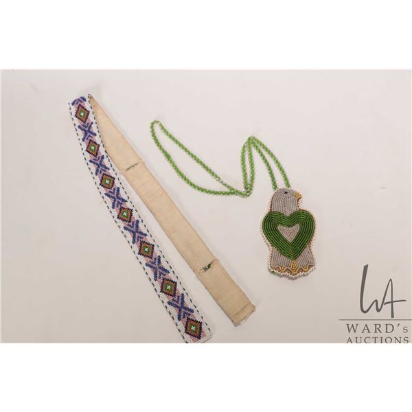 Indigenous beaded sash, 30" in length and a beaded bird necklace19"