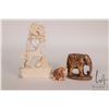 Image 1 : Three small carvings including ivory unicorn figures, note: has been glued 4" in height and a 1" ele