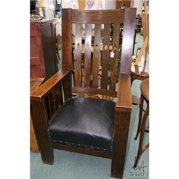 Antique Mission style quarter cut oak throne chair with upholstered seat and 50" tall back
