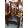 Image 1 : Antique Mission style quarter cut oak throne chair with upholstered seat and 50" tall back