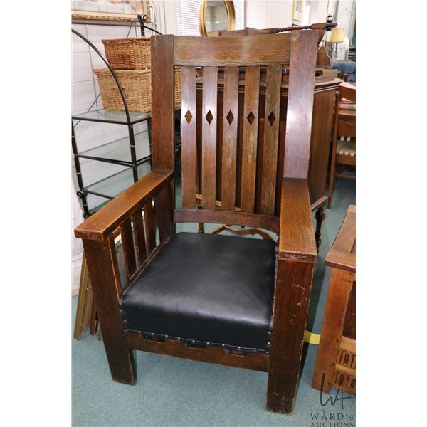 Antique Mission style quarter cut oak throne chair with upholstered seat and 50" tall back