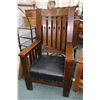 Image 1 : Antique Mission style quarter cut oak throne chair with upholstered seat and 50" tall back
