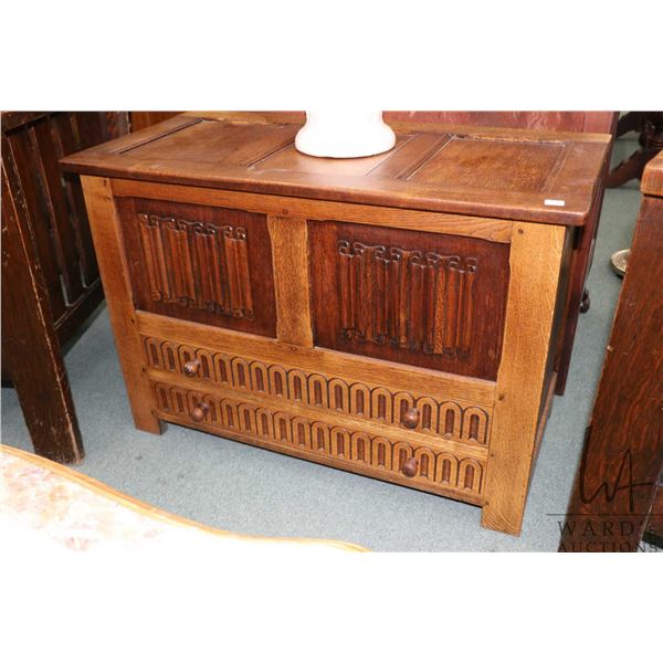 English oak Tudor style blanket box with flip top and two drawers, 25" H X 36" W X 18" D