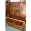 Image 2 : English oak Tudor style blanket box with flip top and two drawers, 25" H X 36" W X 18" D