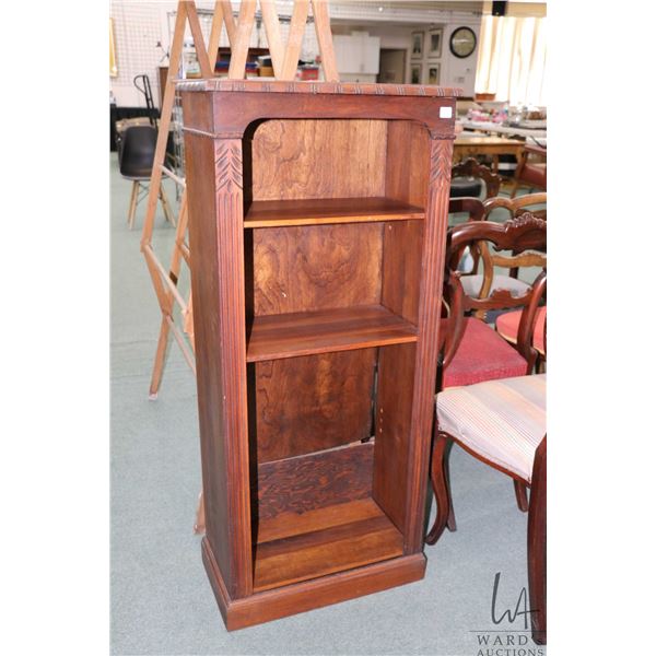 Mid 20th century walnut open book/ curio display with three adjustable shelves, 46" H X 20" W X 11" 