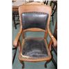 Image 3 : Antique open arm quarter cut oak side chair with leather upholstered seat and back and carved paw fe
