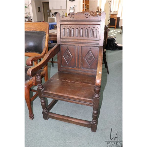 Antique English oak wainscot open arm chair with tall 45" back