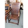 Image 1 : Antique English oak wainscot open arm chair with tall 45" back