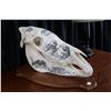 Image 1 : Vintage horse skull with decorative scrimshaw drawing featuring African animals including giraffes, 