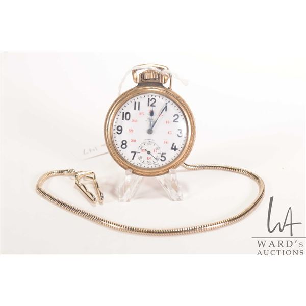 Elco Incabloc 17 jewel pocket watch with white double sunk dial, Arabic numerals, and second sweep. 