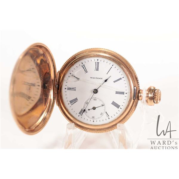 Waltham 7 jewel pocket watch model 1890 with white enamel double sunk dial, gold filled full hunter 