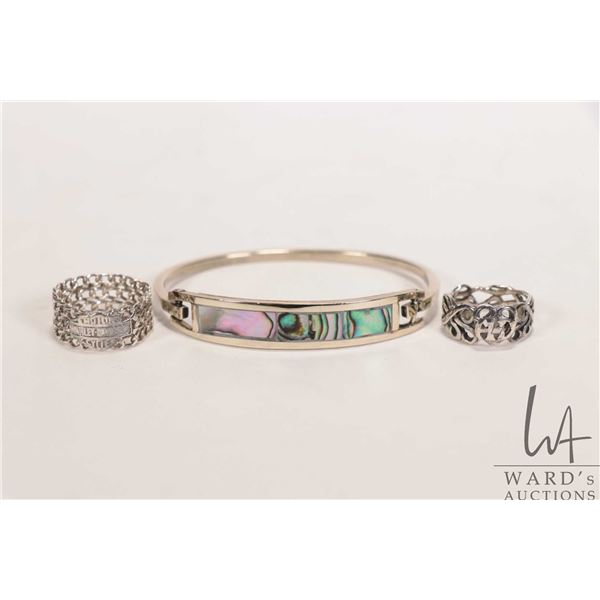 Two sterling silver Harley Davidson rings including size 7.75 and one size 6 plus a Mexican silver b