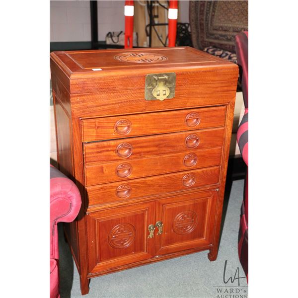 Chinese carved rosewood flatware cabinet with flip top, four drawer and two doors, 32" H X 22" W X 1