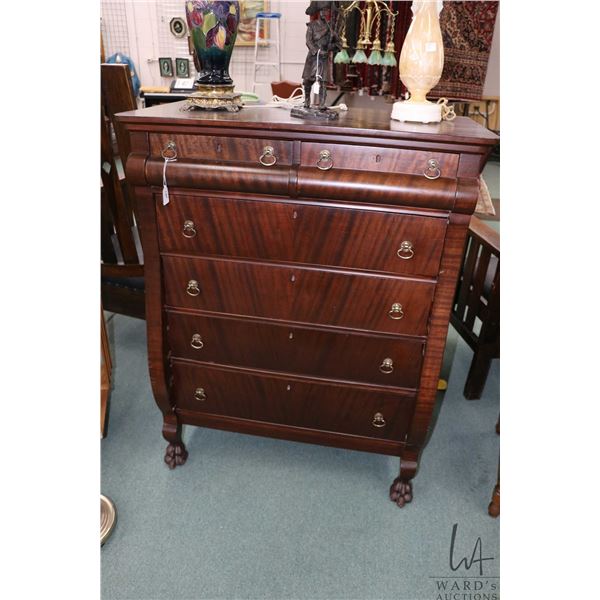 Antique mahogany six drawer highboy with carved paw feet, 46" H X 36" W X 21" D
