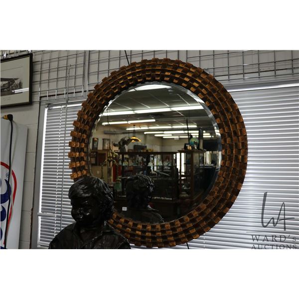 Large modern gilt framed round beveled wall mirror, outside dimensions 42"