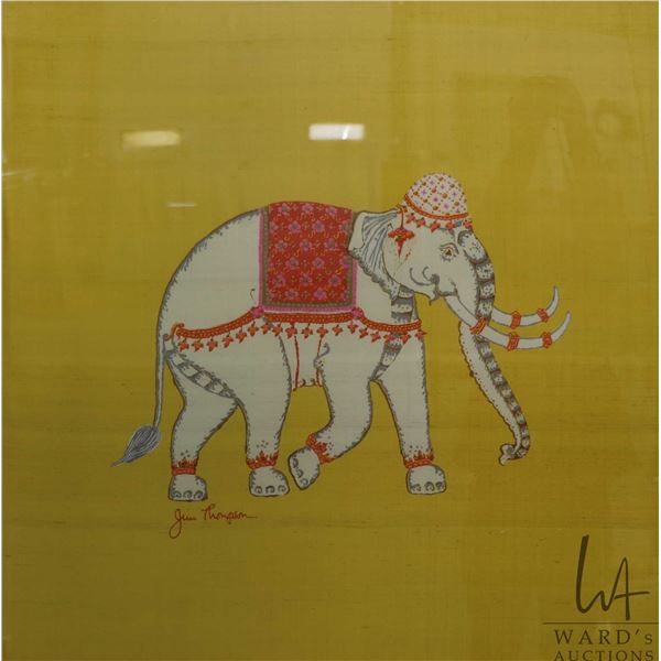 Gilt framed vintage Jim Thompson silk elephant scarf, overall dimensions including frame 38-1/2" x 3