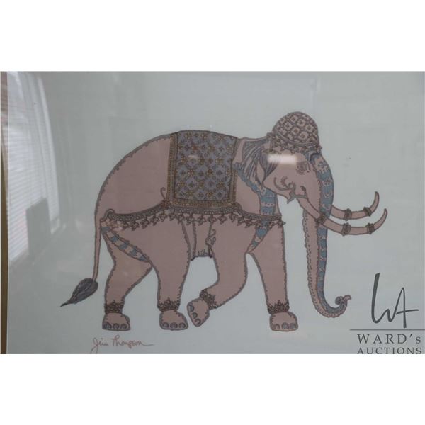 Gilt framed vintage Jim Thompson silk elephant scarf, overall dimensions including frame 42" x 42"