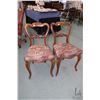 Image 1 : Pair of antique Victorian balloon back chairs with curved supports, carved back and upholstered seat
