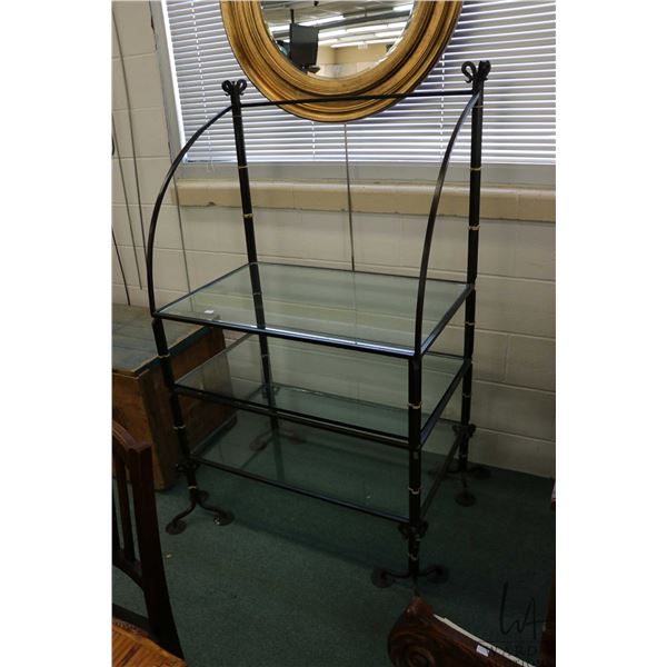 Quality heavy wrought iron and glass baker's rack style stand, 58" H X 37" W X 25" D