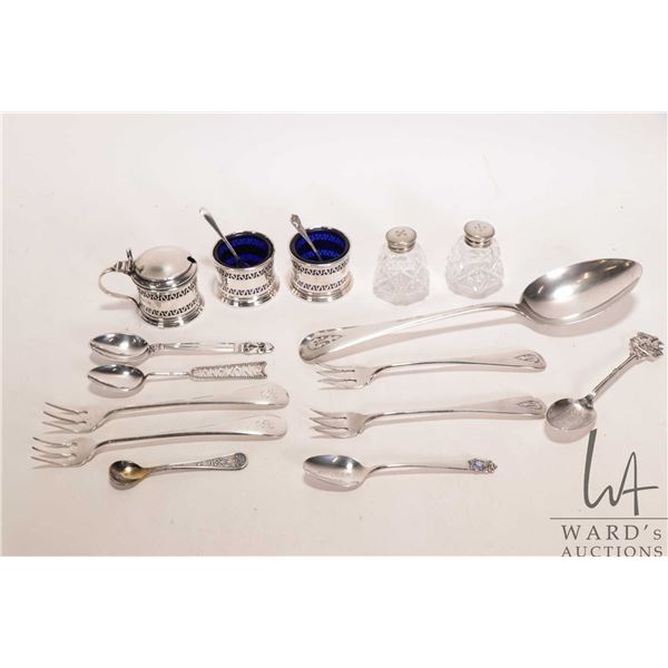 Selection of sterling silver including large sterling silver serving spoons, two open salts and a mu