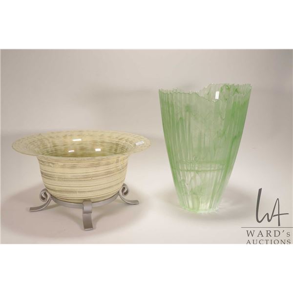 Two pieces of vintage art glass including swirl hand blown green vase, labeled Turkey, 11 1/2" in he