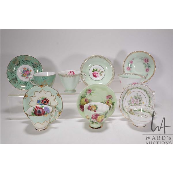 Six china teacups and saucers including Paragon, Queen Anne, Royal Grafton, Windsor and Colclough